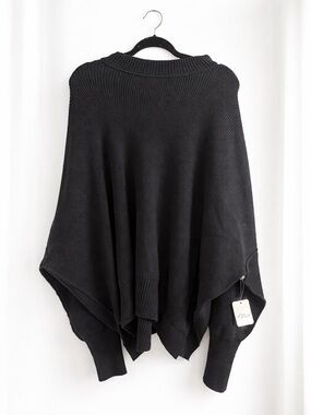 Free People Black Ribbed Poncho Sweater | Oversized Boho Knit | NWT
